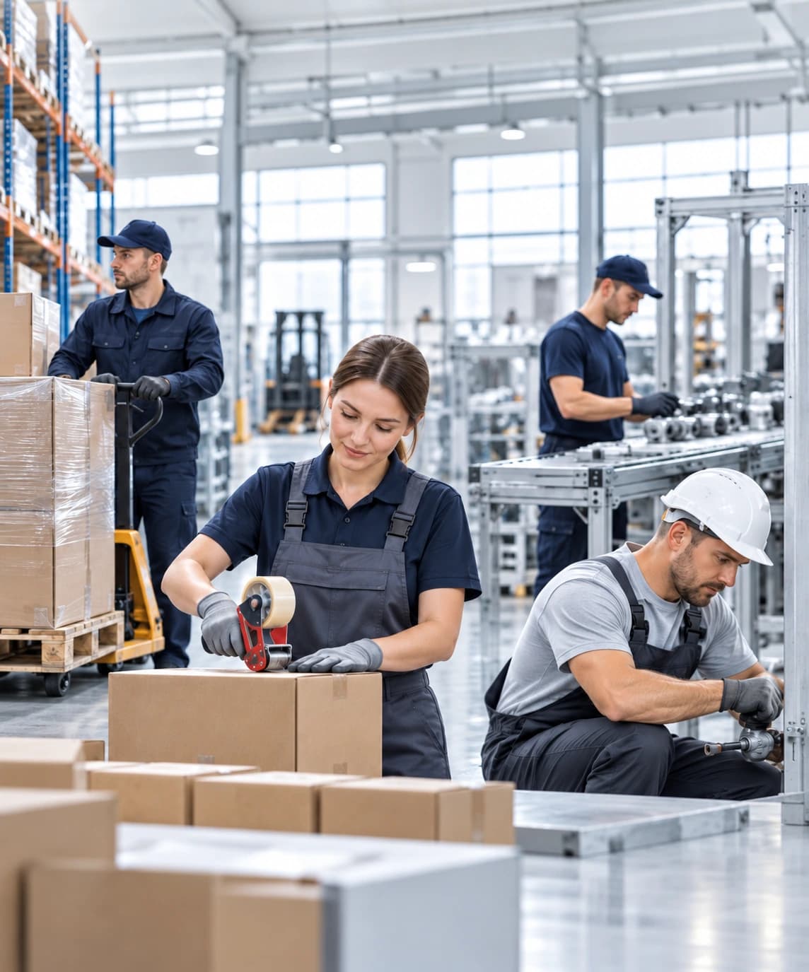 Упаковка продукции и рабочие операции на складе и производстве